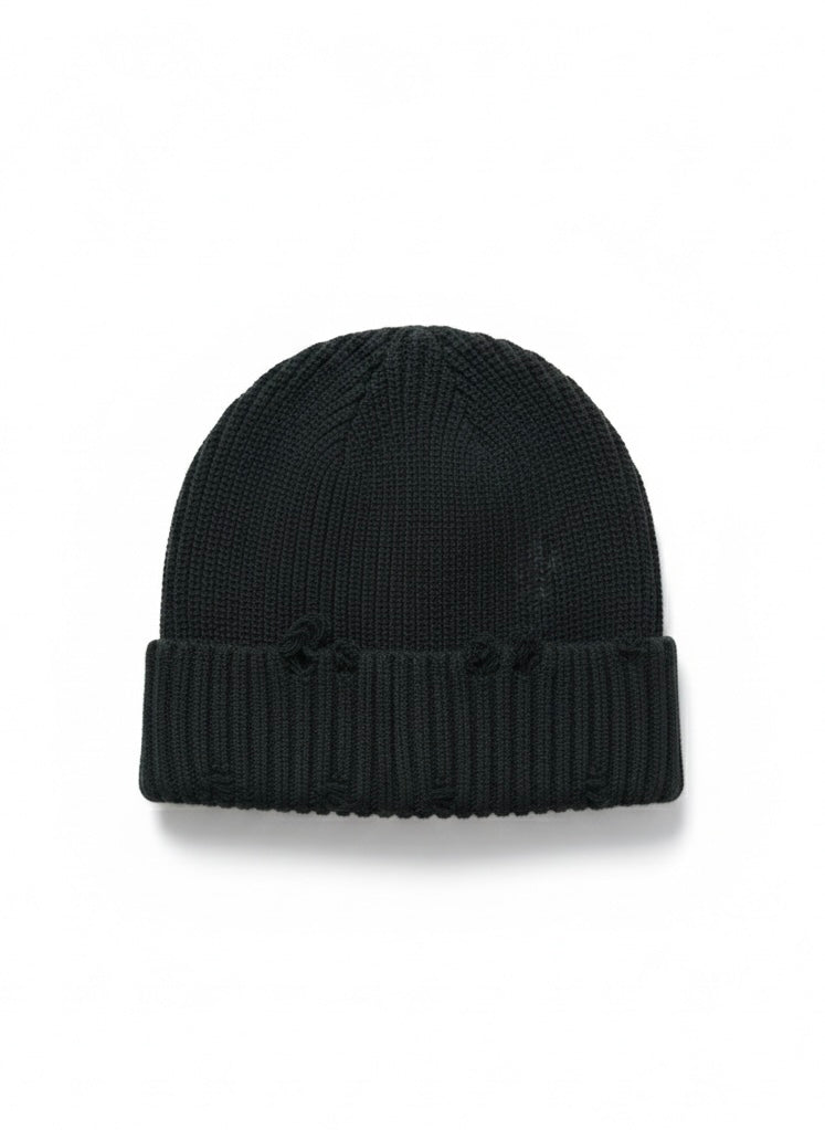 Distressed Rib-Knit Beanie Cap