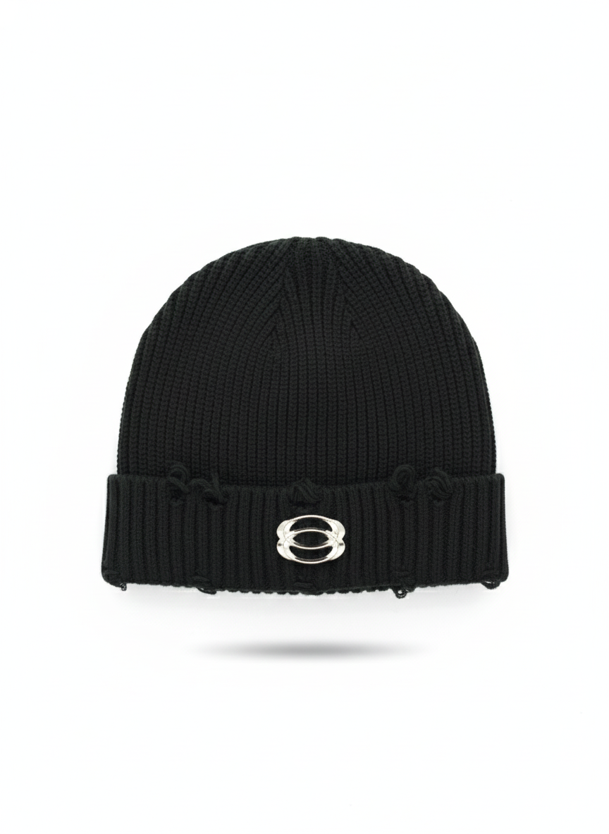 Distressed Rib-Knit Beanie Cap