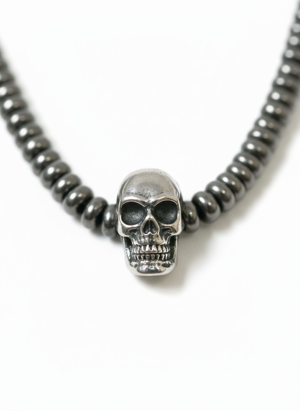 Hematite Bead Skull Necklace